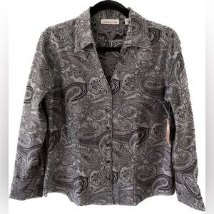 Coldwater Creek Grey/Black Paisley Jacquard Shirt Cotton Size Petite Small NWT